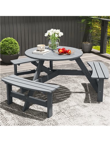 Outsunny 6 Seater Wooden Picnic Table and Bench Set Round Patio Dining Set with 3 Benches and Umbrella Hole Outdoor Garden Park,