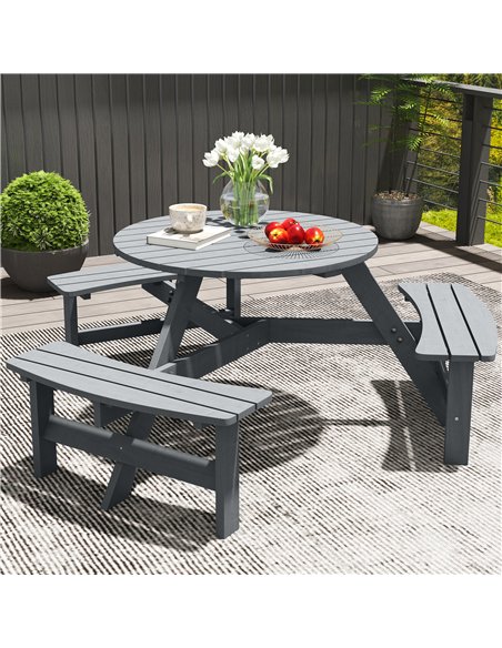 Outsunny 6 Seater Wooden Picnic Table and Bench Set Round Patio Dining Set with 3 Benches and Umbrella Hole Outdoor Garden Park, - pic 129835 | FastDaddyshop