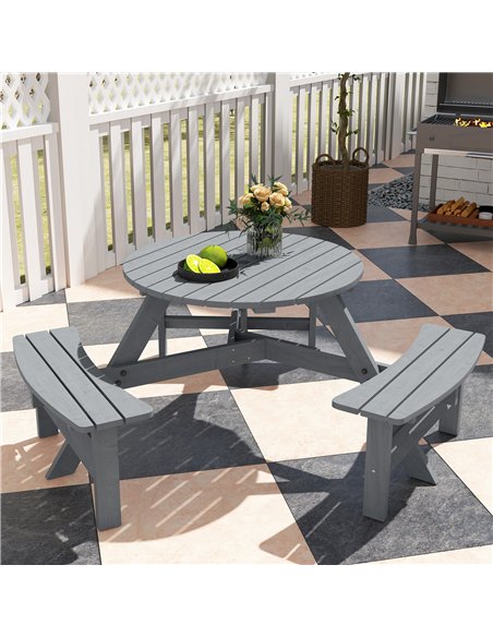 Outsunny 6 Seater Wooden Picnic Table and Bench Set Round Patio Dining Set with 3 Benches and Umbrella Hole Outdoor Garden Park, - pic 129836 | FastDaddyshop