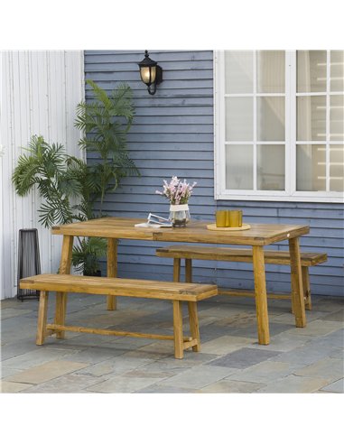 Outsunny 3 Pieces Picnic Bench Set with Table and 2 Benches, Acacia wood Dining Trestle Beer Table and Seat,  Natural Wood Finis
