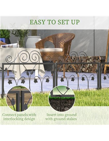 Outsunny Set of Four 57cm Leaf Scroll Metal Fence Panels - Black