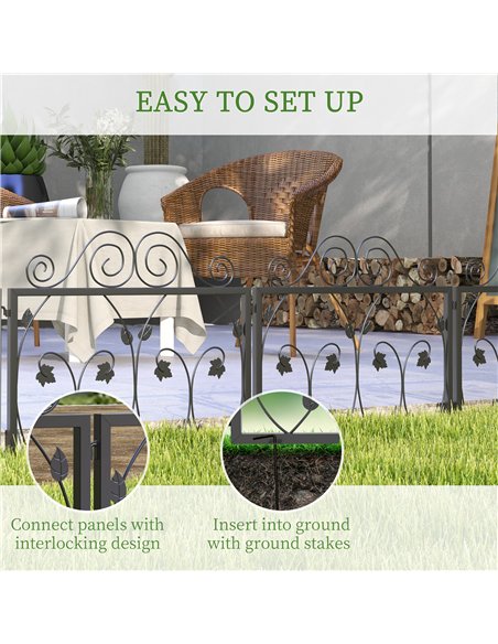 Outsunny Set of Four 57cm Leaf Scroll Metal Fence Panels - Black - pic 129885 | FastDaddyshop