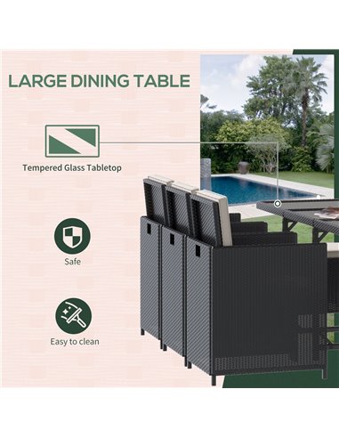 Outsunny 11PC Rattan Garden Furniture Outdoor Patio Dining Table Set Weave Wicker 10 Seater Stool Black