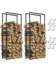 Outsunny Firewood Log Rack Set of 2, Retractable Metal Wood Store Holder, Indoor Outdoor Fireplace Log Storage Shelf with Hooks,