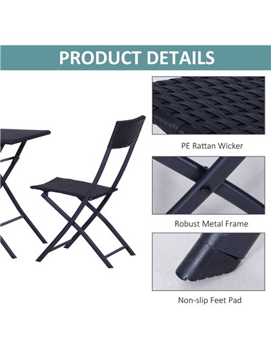 Outsunny Rattan Garden Furniture 2-Seater Wicker Garden Furniture Patio Wicker Bistro Set Folding (Black)