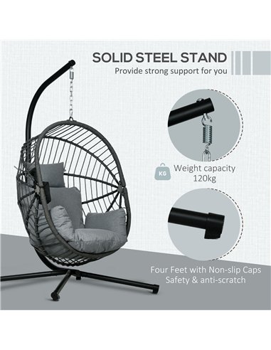 Outsunny Metal Stand Hanging Egg Chair, with Full Body Padded Seat - Grey