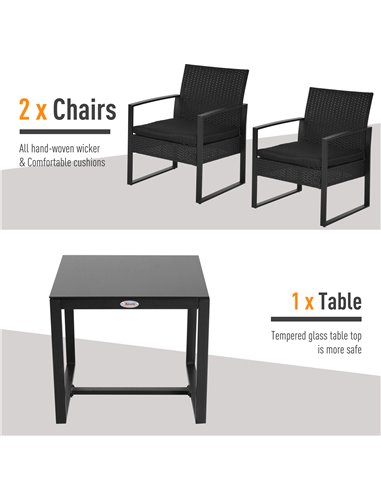 Outsunny Rattan Garden Furniture 2 Seater PE Rattan Wicker Patio Bistro Set Weave Conservatory Sofa Coffee Table and Chairs Set 