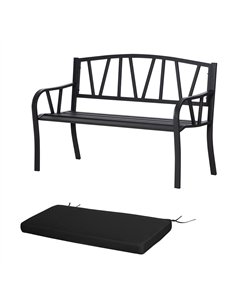 Outsunny 2-Seater Garden Bench with Cushion, Metal Loveseat, Slatted Outdoor Park Chair with Decorative Backrest and Armrest, Bl