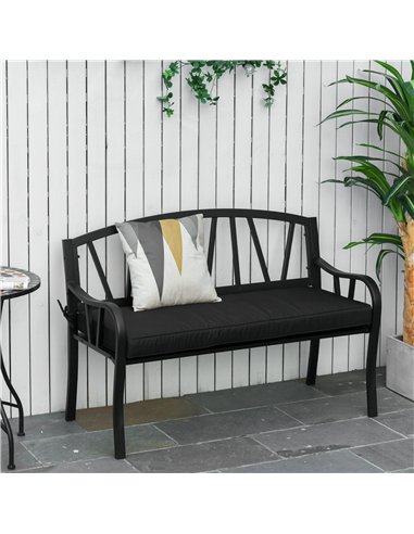 Outsunny 2-Seater Garden Bench with Cushion, Metal Loveseat, Slatted Outdoor Park Chair with Decorative Backrest and Armrest, Bl