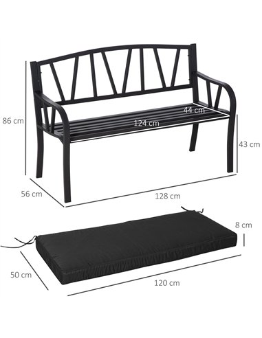 Outsunny 2-Seater Garden Bench with Cushion, Metal Loveseat, Slatted Outdoor Park Chair with Decorative Backrest and Armrest, Bl