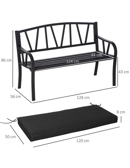 Outsunny 2-Seater Garden Bench with Cushion, Metal Loveseat, Slatted Outdoor Park Chair with Decorative Backrest and Armrest, Bl - pic 130226 | FastDaddyshop