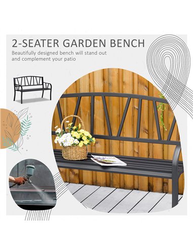 Outsunny 2-Seater Garden Bench with Cushion, Metal Loveseat, Slatted Outdoor Park Chair with Decorative Backrest and Armrest, Bl