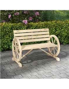 Outsunny Wagon Wheel Chair Bench Armrest Rustic Loveseat Wood Outdoor Garden, Natural 2
