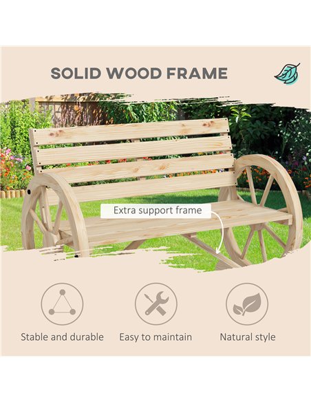 Outsunny Wagon Wheel Chair Bench Armrest Rustic Loveseat Wood Outdoor Garden, Natural - pic 130236 | FastDaddyshop