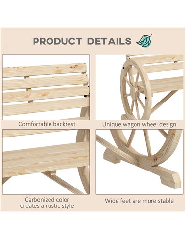 Outsunny Wagon Wheel Chair Bench Armrest Rustic Loveseat Wood Outdoor Garden, Natural