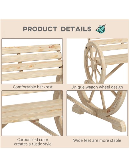 Outsunny Wagon Wheel Chair Bench Armrest Rustic Loveseat Wood Outdoor Garden, Natural - pic 130237 | FastDaddyshop