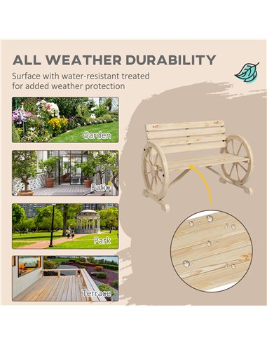 Outsunny Wagon Wheel Chair Bench Armrest Rustic Loveseat Wood Outdoor Garden, Natural