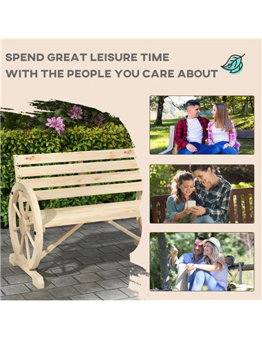 Outsunny Wagon Wheel Chair Bench Armrest Rustic Loveseat Wood Outdoor Garden, Natural