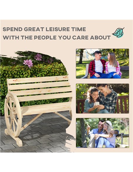 Outsunny Wagon Wheel Chair Bench Armrest Rustic Loveseat Wood Outdoor Garden, Natural - pic 130239 | FastDaddyshop