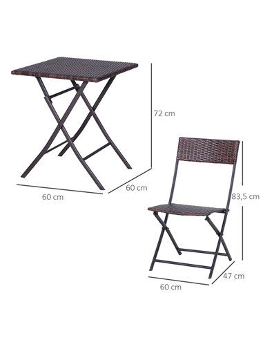 Outsunny PE Rattan Garden Furniture 2 Seater Patio Rattan Bistro Set Folding for 2 Outdoor Square Table and Chair Set (Brown)