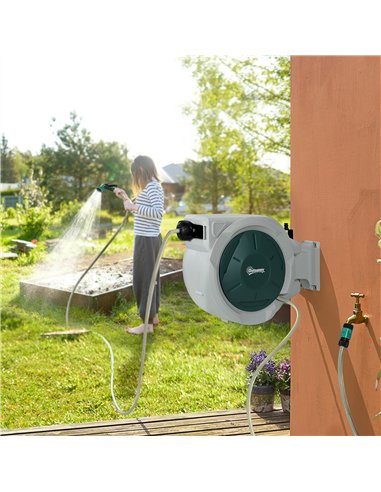 Outsunny Retractable Hose Reel Wall Mounted, 30+2m Garden Hose Pipe Reel with Lock, Auto Rewind, 7 in 1 Spray Nozzle, Includes W