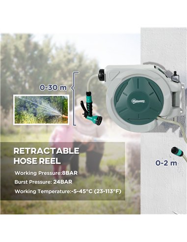 Outsunny Retractable Hose Reel Wall Mounted, 30+2m Garden Hose Pipe Reel with Lock, Auto Rewind, 7 in 1 Spray Nozzle, Includes W