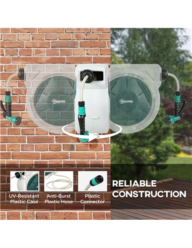 Outsunny Retractable Hose Reel Wall Mounted, 30+2m Garden Hose Pipe Reel with Lock, Auto Rewind, 7 in 1 Spray Nozzle, Includes W