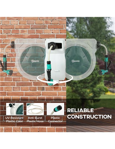 Outsunny Retractable Hose Reel Wall Mounted, 30+2m Garden Hose Pipe Reel with Lock, Auto Rewind, 7 in 1 Spray Nozzle, Includes W - pic 130579 | FastDaddyshop