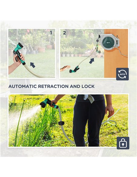 Outsunny Retractable Hose Reel Wall Mounted, 30+2m Garden Hose Pipe Reel with Lock, Auto Rewind, 7 in 1 Spray Nozzle, Includes W - pic 130580 | FastDaddyshop