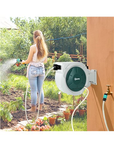 Outsunny Retractable Hose Reel Wall Mounted, 20+2m Garden Hose Pipe Reel with Lock, Auto Rewind, 7 in 1 Spray Nozzle, Includes W