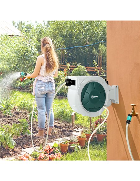 Outsunny Retractable Hose Reel Wall Mounted, 20+2m Garden Hose Pipe Reel with Lock, Auto Rewind, 7 in 1 Spray Nozzle, Includes W - pic 130585 | FastDaddyshop