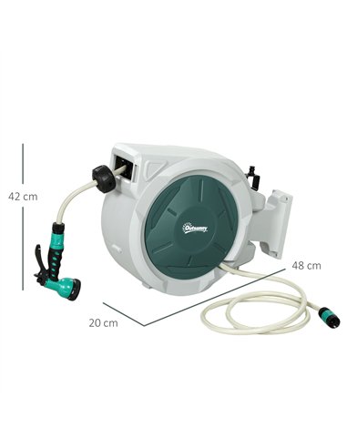 Outsunny Retractable Hose Reel Wall Mounted, 20+2m Garden Hose Pipe Reel with Lock, Auto Rewind, 7 in 1 Spray Nozzle, Includes W