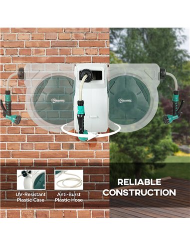 Outsunny Retractable Hose Reel Wall Mounted, 20+2m Garden Hose Pipe Reel with Lock, Auto Rewind, 7 in 1 Spray Nozzle, Includes W