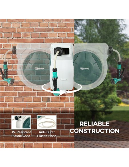 Outsunny Retractable Hose Reel Wall Mounted, 20+2m Garden Hose Pipe Reel with Lock, Auto Rewind, 7 in 1 Spray Nozzle, Includes W - pic 130588 | FastDaddyshop