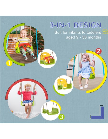 Outsunny 3 in 1 Detachable Kids Swing Seat with Safety Belt, Adjustable Rope for Indoor, Outdoor, Playground, Garden, Green - pic 130596 | FastDaddyshop