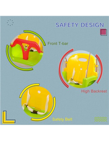 Outsunny 3 in 1 Detachable Kids Swing Seat with Safety Belt, Adjustable Rope for Indoor, Outdoor, Playground, Garden, Green