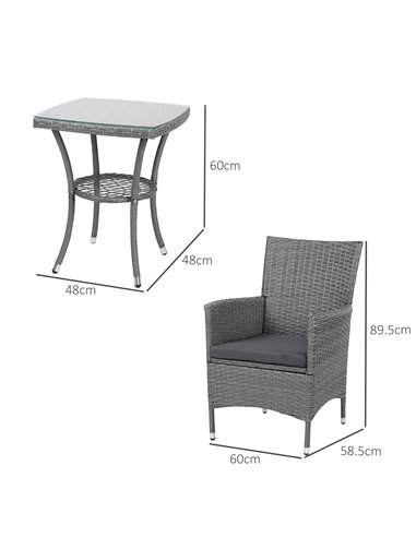 Outsunny Rattan Bistro Set 2 Seater Garden Furniture Patio Weave Companion Chair Table Set Outdoor Conservatory, Light Grey