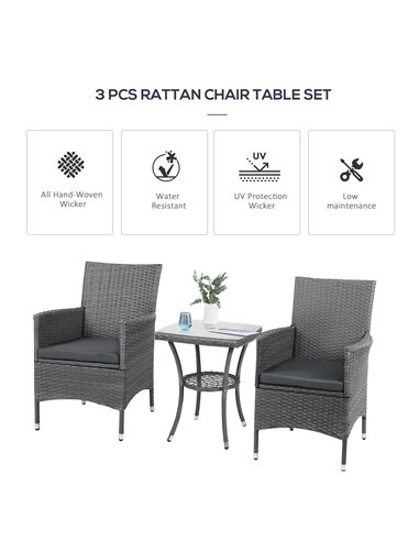 Outsunny Rattan Bistro Set 2 Seater Garden Furniture Patio Weave Companion Chair Table Set Outdoor Conservatory, Light Grey