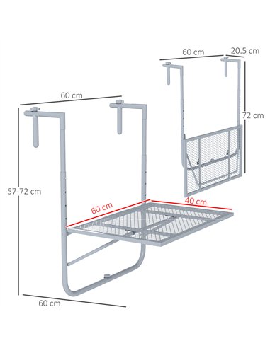 Outsunny Balcony Hanging Table, Metal Wall Mount Desk, Adjustable Folding Balcony Deck Table for Patio and Garden, Grey