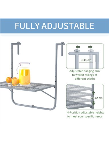 Outsunny Balcony Hanging Table, Metal Wall Mount Desk, Adjustable Folding Balcony Deck Table for Patio and Garden, Grey