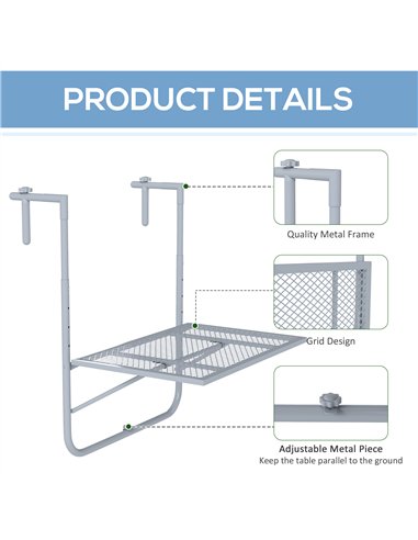 Outsunny Balcony Hanging Table, Metal Wall Mount Desk, Adjustable Folding Balcony Deck Table for Patio and Garden, Grey