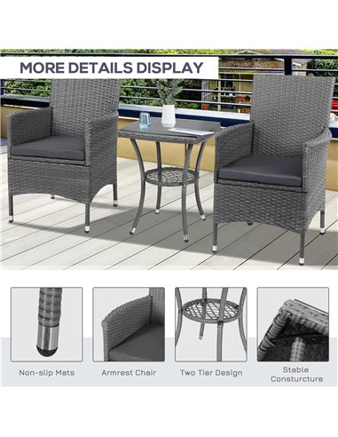Outsunny Rattan Bistro Set 2 Seater Garden Furniture Patio Weave Companion Chair Table Set Outdoor Conservatory, Light Grey