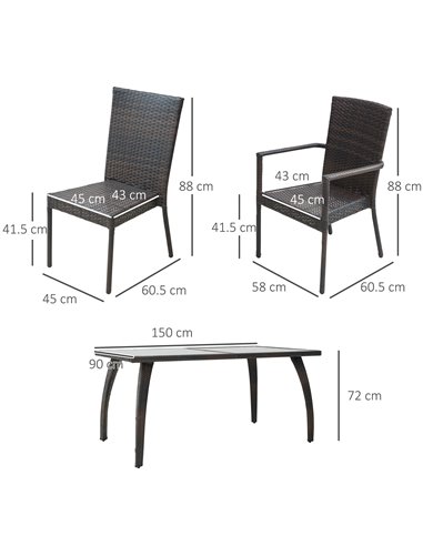 Outsunny 7 Pieces Rattan Garden Dining Set with Glass Top and Cushions, Brown