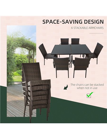 Outsunny 7 Pieces Rattan Garden Dining Set with Glass Top and Cushions, Brown - pic 13070 | FastDaddyshop