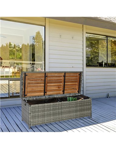 Outsunny Patio Wicker Storage Bench Box, Outdoor Garden PE Rattan Pool Storage Deck Bin Box w/ Natural Wood Top, Lid, Ideal for 