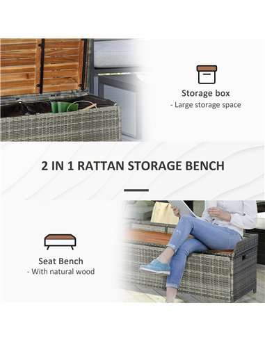 Outsunny Patio Wicker Storage Bench Box, Outdoor Garden PE Rattan Pool Storage Deck Bin Box w/ Natural Wood Top, Lid, Ideal for 