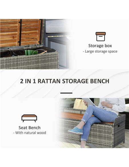 Outsunny Patio Wicker Storage Bench Box, Outdoor Garden PE Rattan Pool Storage Deck Bin Box w/ Natural Wood Top, Lid, Ideal for  - pic 130830 | FastDaddyshop