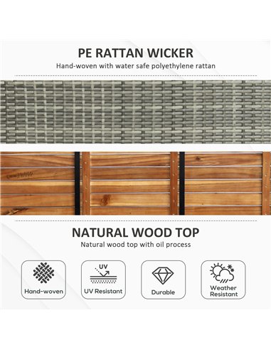 Outsunny Patio Wicker Storage Bench Box, Outdoor Garden PE Rattan Pool Storage Deck Bin Box w/ Natural Wood Top, Lid, Ideal for 
