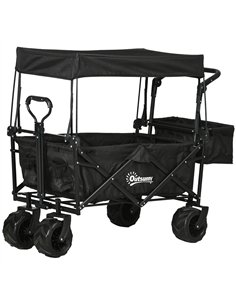 Outsunny Folding Trolley Cart Storage Wagon Beach Trailer 4 Wheels with Handle Overhead Canopy Cart Push Pull for Camping, Black