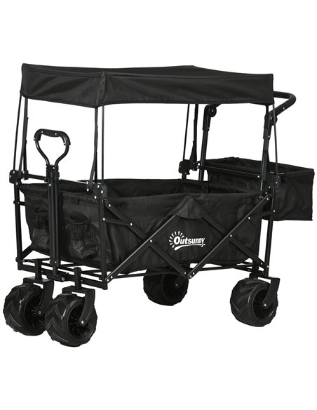 Outsunny Folding Trolley Cart Storage Wagon Beach Trailer 4 Wheels with Handle Overhead Canopy Cart Push Pull for Camping, Black - pic 130836 | FastDaddyshop